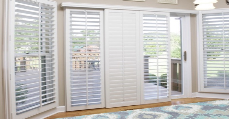 [Polywood|Plantation|Interior ]211] shutters on a sliding glass door in Salt Lake City